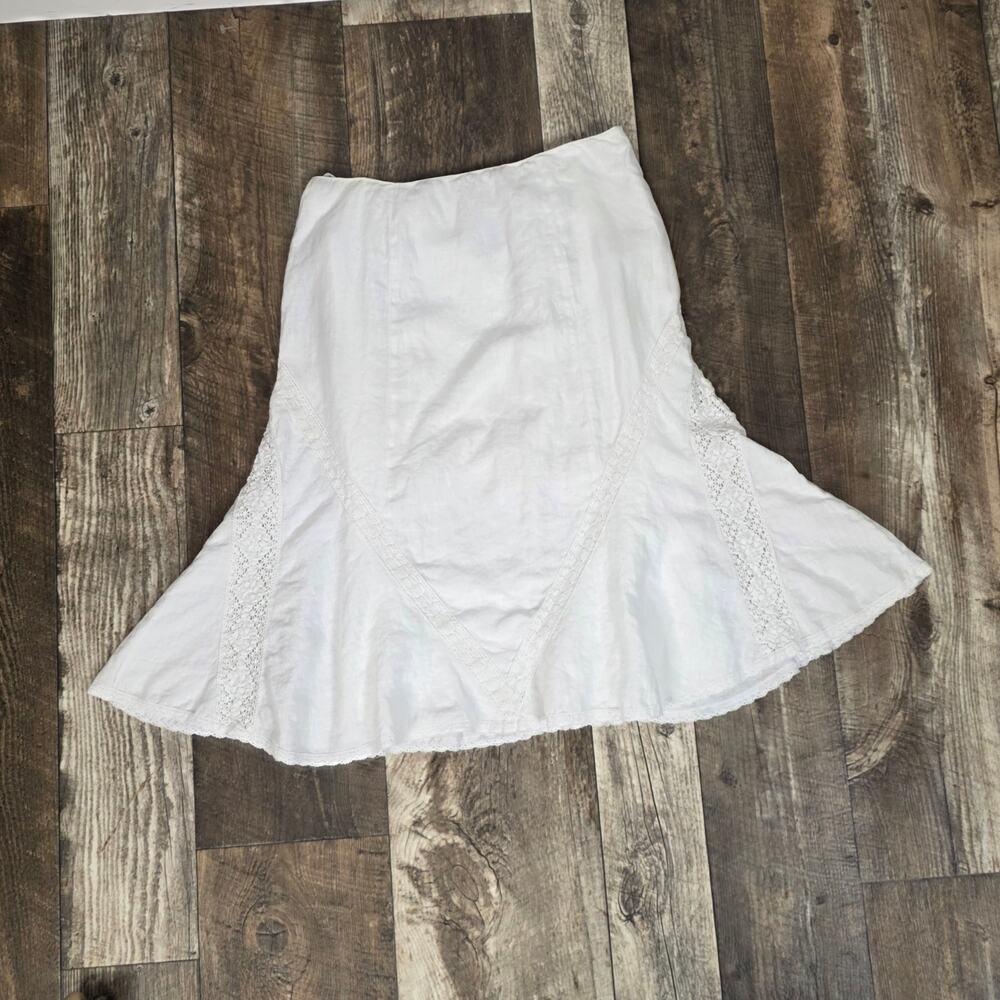 Vintage White Linen Midi Skirt Lace Trim Cottagecore Boho Prairie Size 12